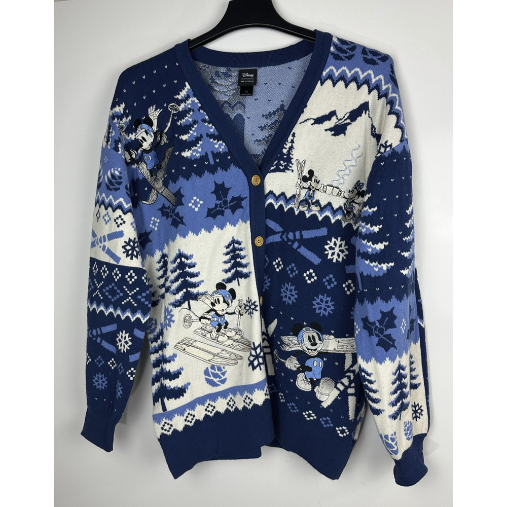 Her Universe Disney Mickey & Minnie Mouse Skiing Patterned Cardigan Oversized LG - Picture 2 of 14